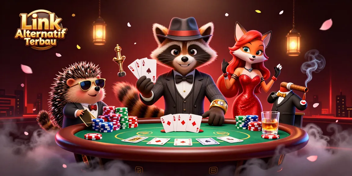 Engage with the thrilling world of gambling through Link Alternatif Terbaru, showcasing a raccoon and fox at a vibrant poker table.