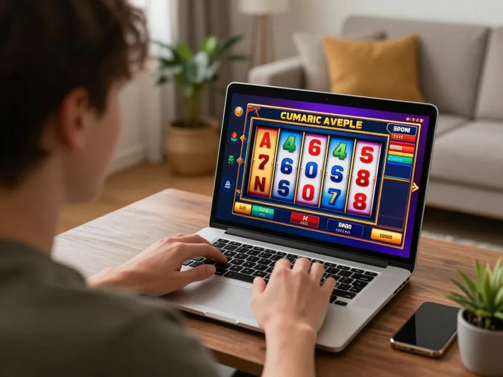 Engaging in online gambling at nego77 with dynamic slot game interface on laptop, cozy home setting