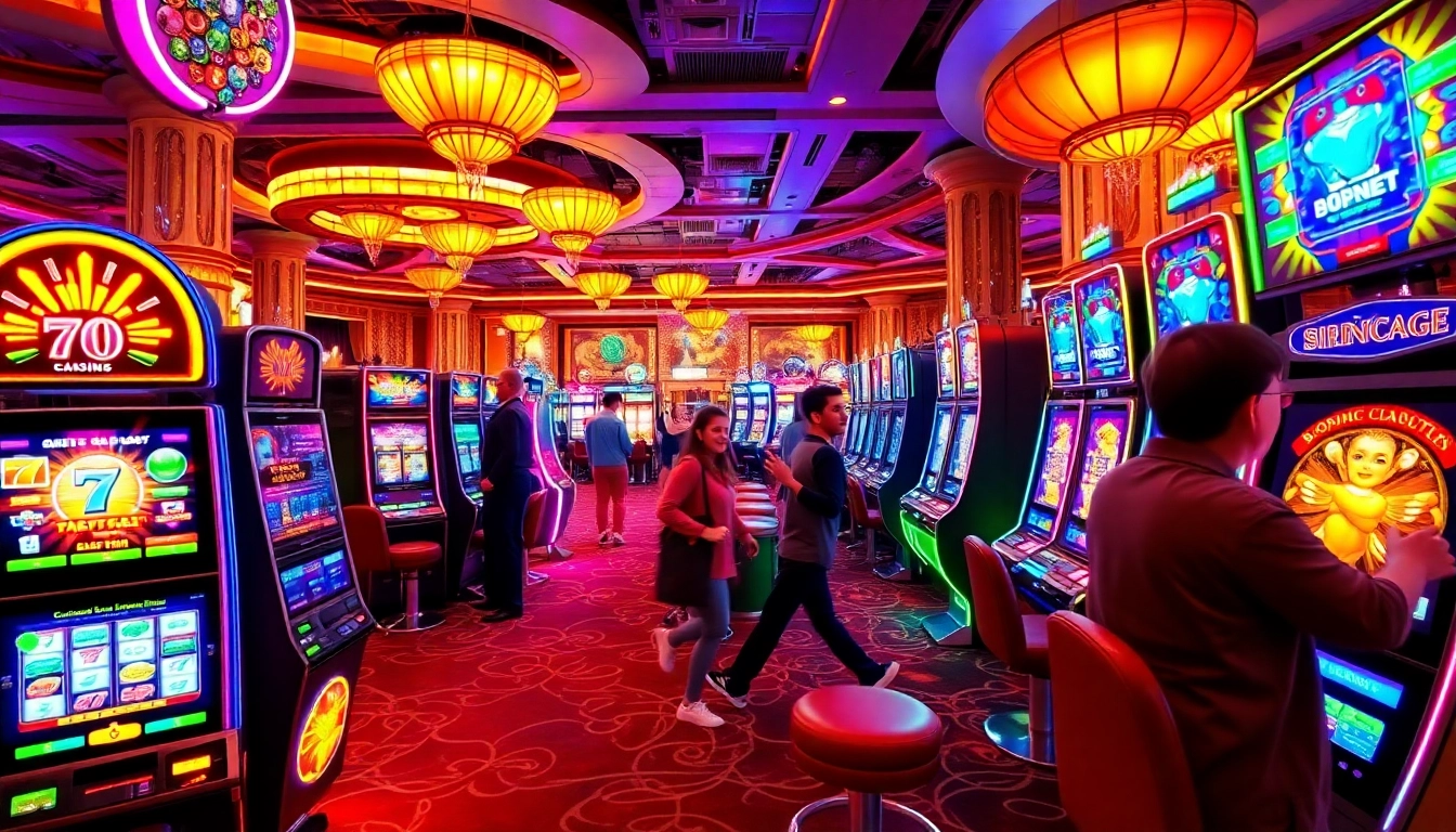 Slot mesin yang memikat perhatian di kasino dengan cahaya cerah dan pemain yang terlibat.