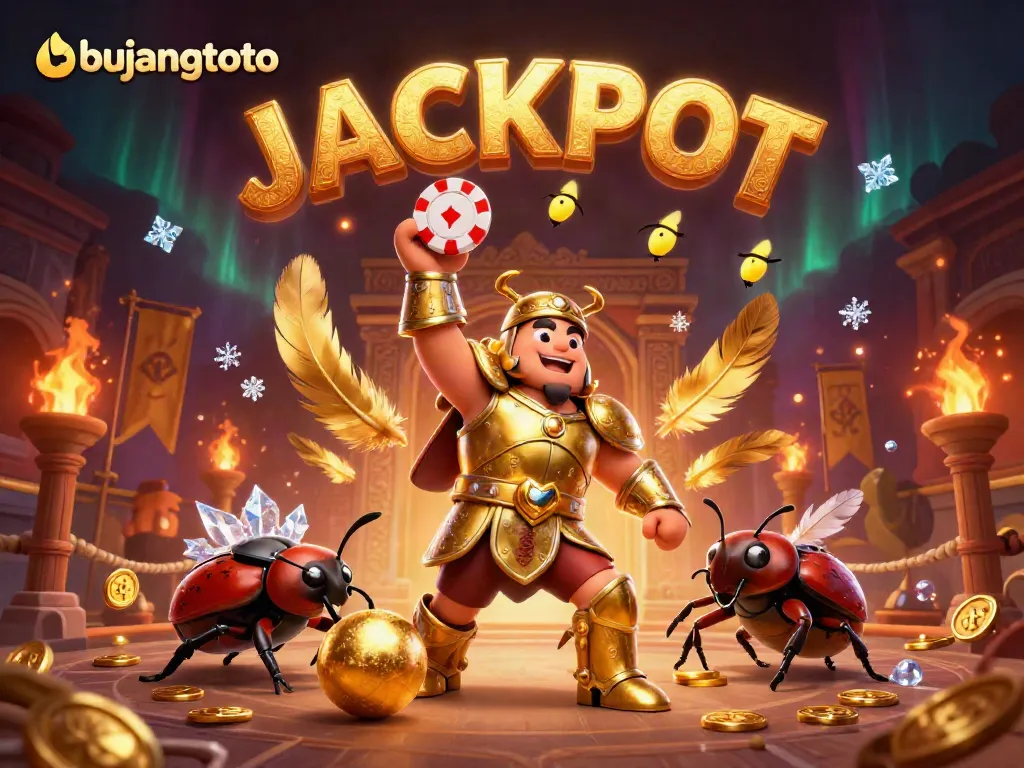 Engage in a BUJANGTOTO jackpot excitement with a heroic beetle character amid vibrant casino elements!