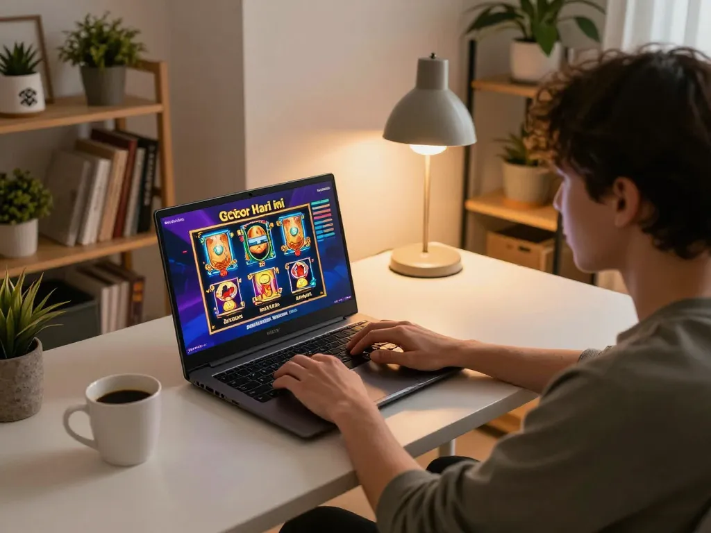 Pengaturan permainan online yang menarik menunjukkan slot gacor hari ini di layar laptop dengan suasana rumah yang hangat