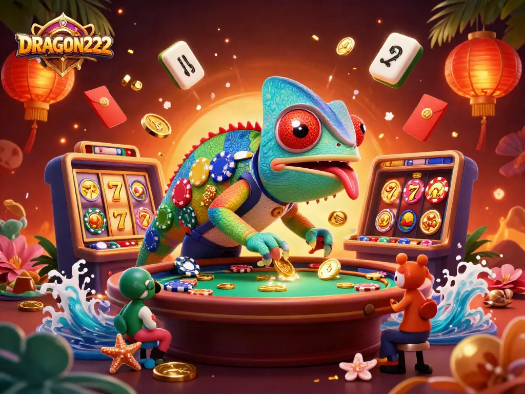 Experience the excitement of casino gaming with DRAGON222's vibrant and colorful casino illustration.