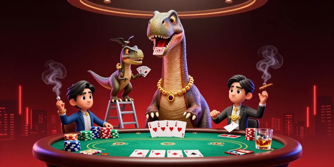 Engage with surga88 at a vibrant casino scene with a giant brontosaurus and clever raptor dealing cards.