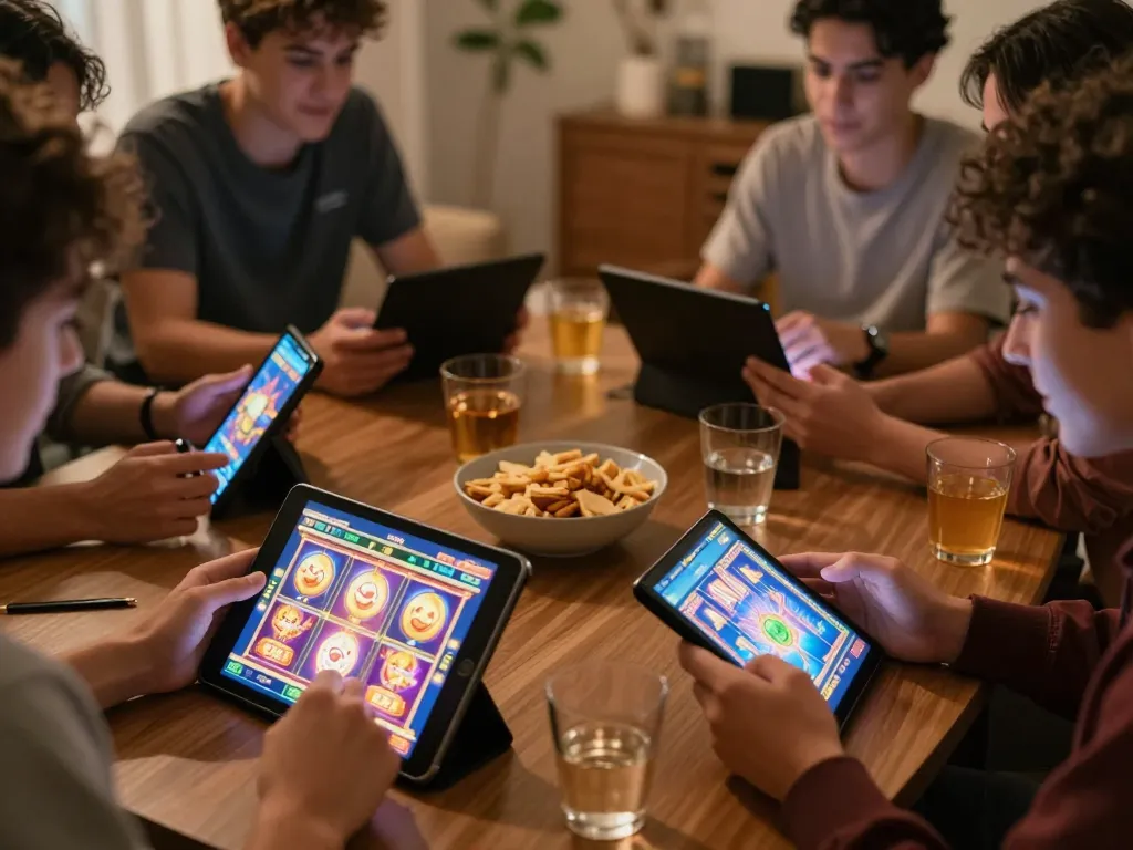 IDNSCORE players enjoying an interactive online slot game on tablets in a cozy home setting