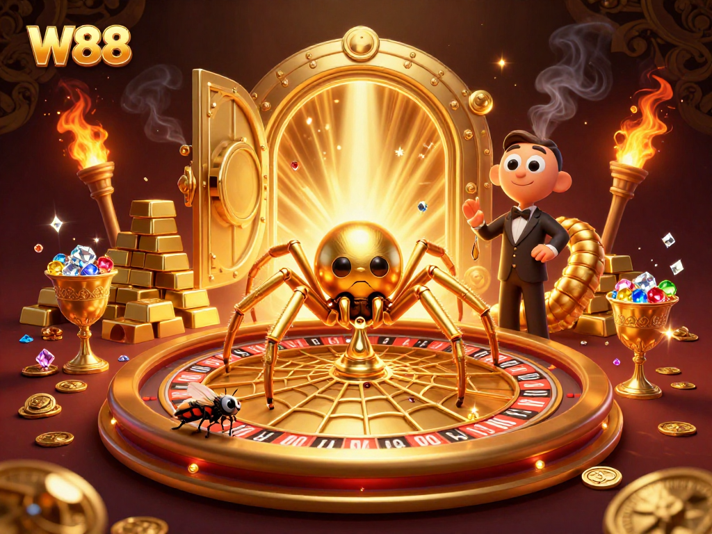 Place bets with W88 in a lively casino scene featuring a golden spider dealer and abundant treasures.