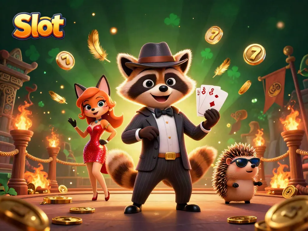 Spin the Slot reels with a suave raccoon, fox lady, and hedgehog bouncer surround by vibrant casino elements.