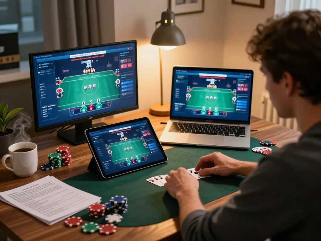 IDNSCORE online poker gameplay with engaging strategy notes, illustrating a player’s focused home gaming experience.