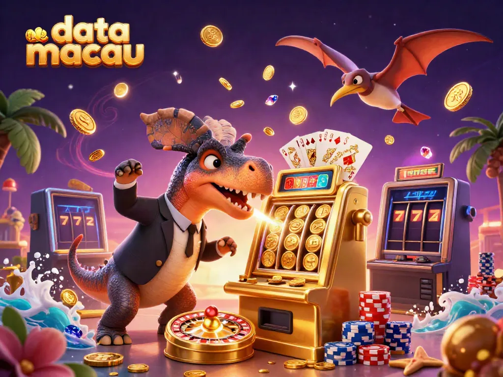 Engaging data macau illustration with a cartoon dinosaur playing a slot machine amidst cascading coins and casino excitement.