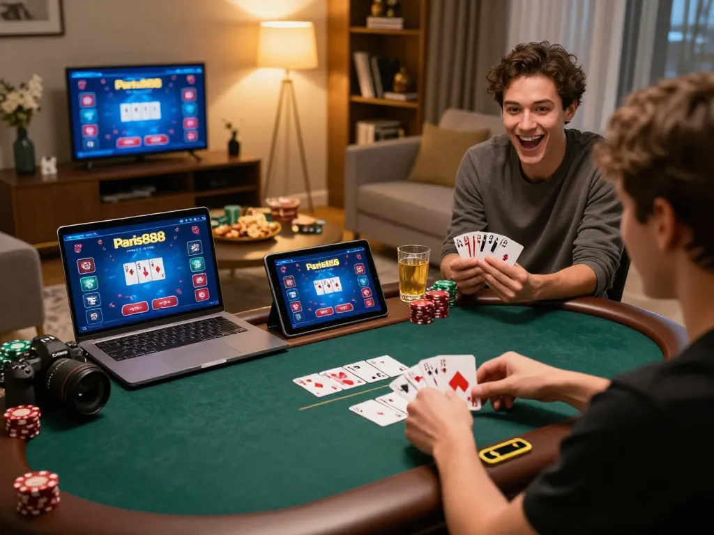 Pemain menikmati permainan poker yang menarik di Paris888 di rumah, dengan tampilan yang cerah dan pencahayaan yang nyaman.