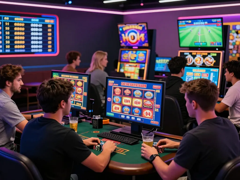 Players enjoying a vibrant gaming experience at RR88 online casino with colorful games and digital leaderboards.