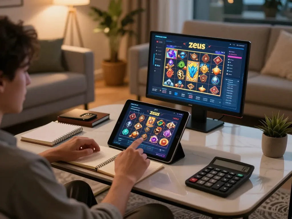 Engaging with zeus slot game interface using a tablet in a cozy home setup.