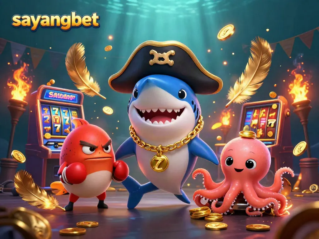 Engage with thrilling games at sayangbet featuring pirate shark, pufferfish, and octopus amidst casino elements.