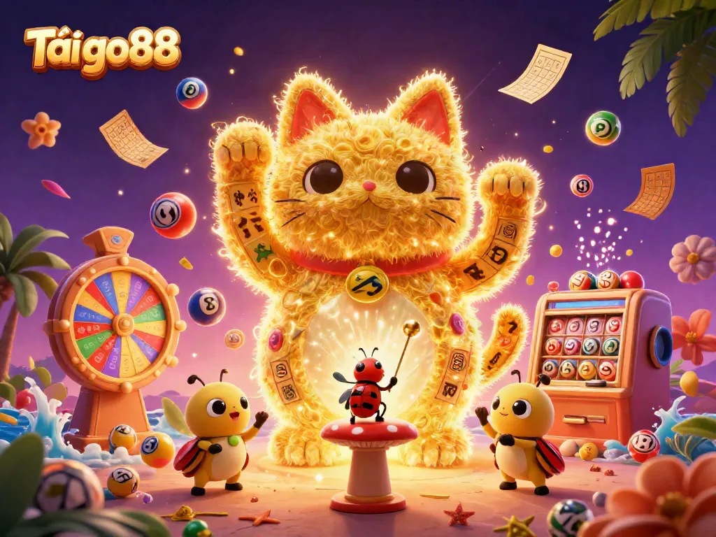 Tải go88 experience with a vibrant golden cat and dynamic casino elements in a 3D illustration