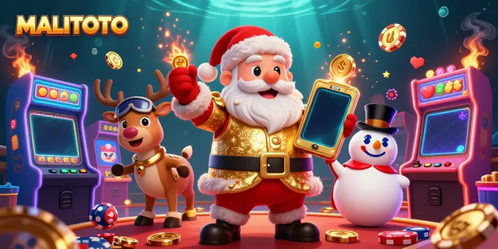Experience thrilling jackpot slots at MALITOTO with Santa Claus and friends in a vibrant casino scene.