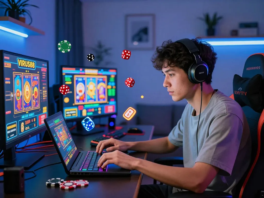 Pemain antusias terlibat dengan permainan slot online VIRUS88 dalam pengaturan permainan rumah yang cerah.