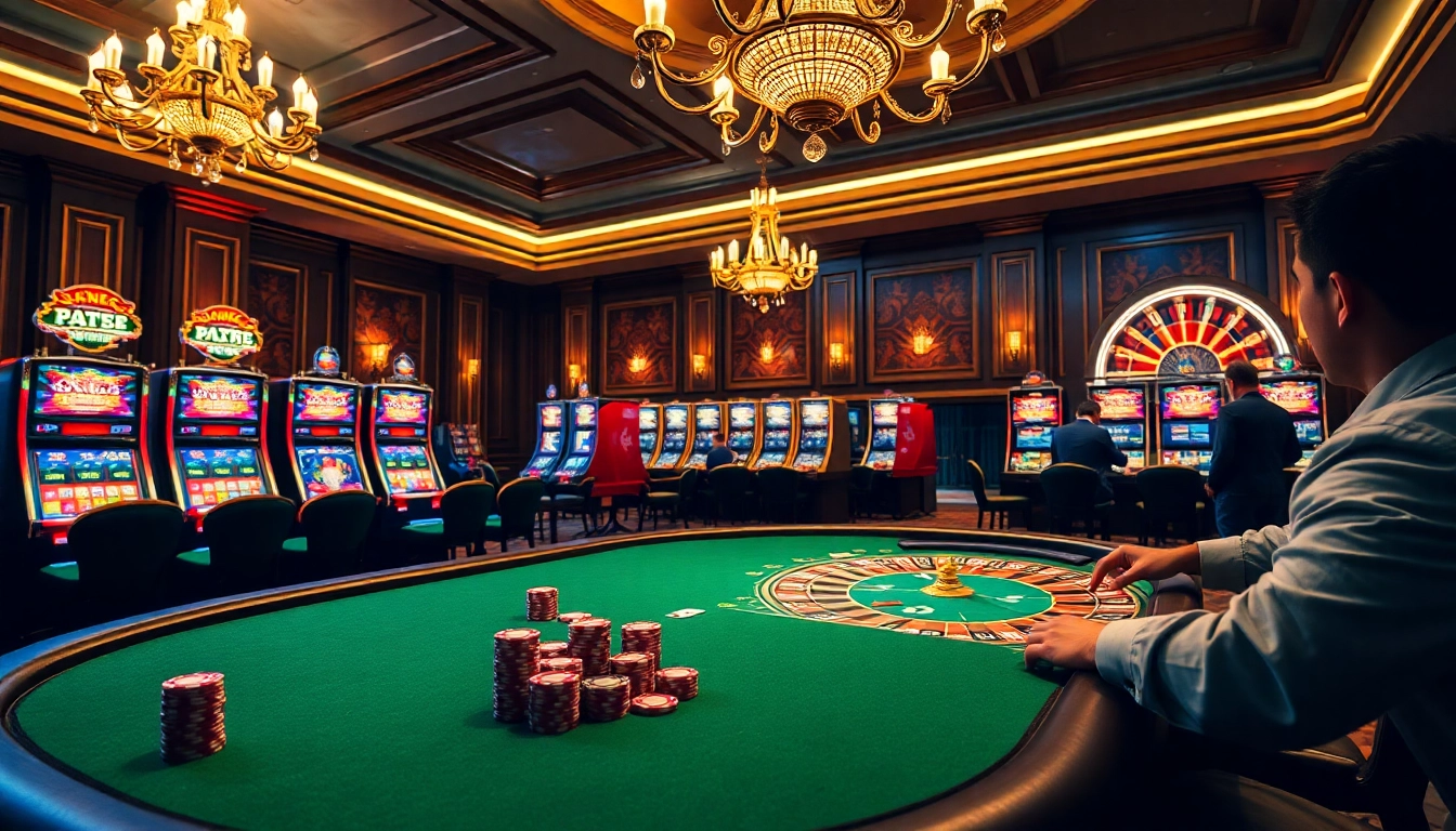 Players enjoying intense poker action at Onicplay's luxurious casino, showcasing thrilling gameplay and vibrant chips.