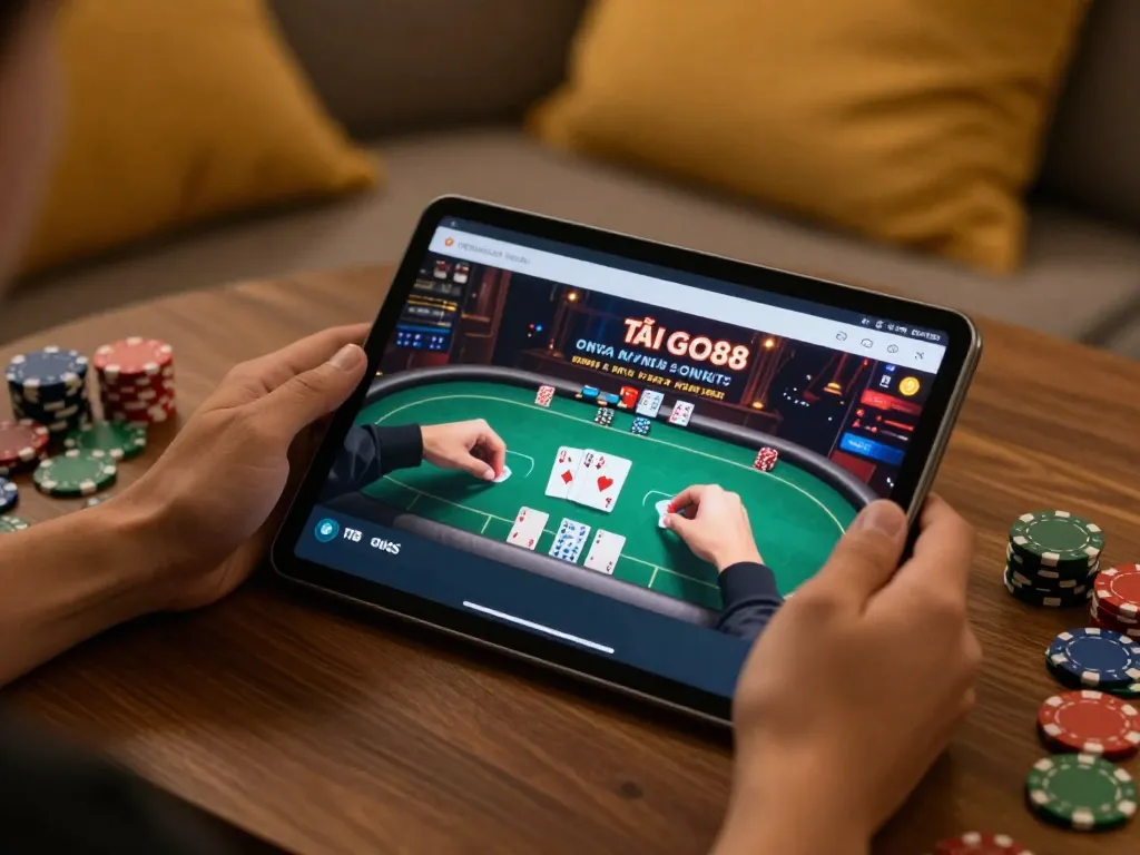 TẢI GO88 app in use for an engaging poker game on a tablet, showcasing a cozy home atmosphere and responsible gaming.