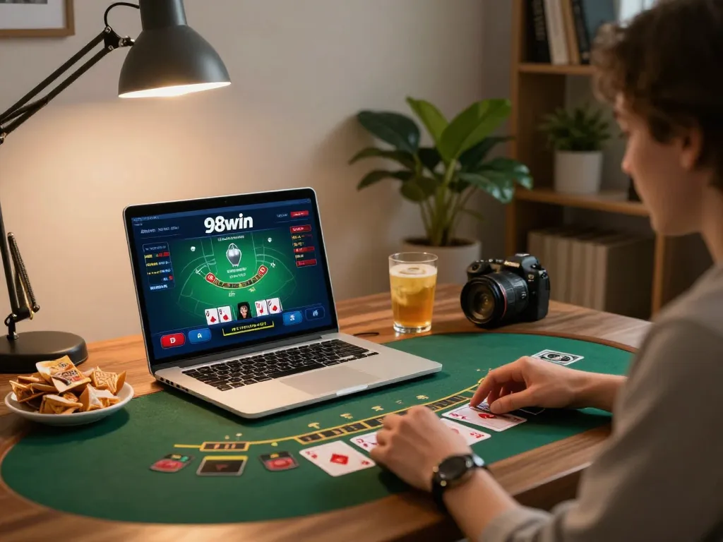 Player engaging with 98win vin blackjack game on laptop, snacks nearby, warm home atmosphere