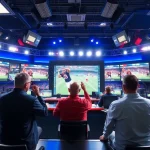 Dynamic scene of sports broadcasting with commentators and live event screens showcasing Sports Broadcasting excitement.