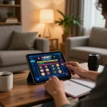 Engaging in online casino gaming at https://rikbet.global/ in a cozy home setting, with strategic notes and tablet.