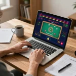 Player engaging with hargatoto online gambling on a laptop, displaying a roulette game interface and strategy notes.