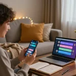 Person enjoying ai sexting on smartphone in cozy home setting with soft lighting and floral decor