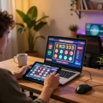Engaging in EK333 slots gameplay on a tablet, surrounded by a warm and inviting online gaming atmosphere.