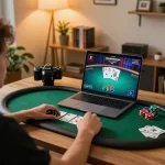 Player enjoying a poker game on laptop showcasing yowes jp betting interface with cozy home office background
