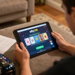 Pemain yang terlibat menggunakan platform alfa138 untuk permainan kasino online di tablet, dikelilingi oleh catatan strategi dan suasana yang nyaman.
