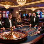 Players enjoying a thrilling roulette game on the VA88 casino floor, vibrant atmosphere with colorful chips and elegant decor