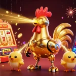Tunas4D mengakses mesin slot 3D dengan jackpot, dikelilingi robot ayam emas dan drone anak ayam.