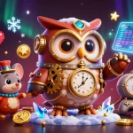 Mainkan leci123 dengan mesin slot berwarna-warni dan elemen kasino futuristik dalam ilustrasi menarik.