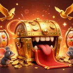Experience excitement with rejekibet's vibrant treasure chest and spinning slot reels, capturing the thrill of gambling.
