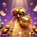 Visualisasi slot bet 100 dengan ilustrasi 3D bergambar kumbang emas besar dan koin emas yang memukau.