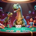 Menang bermain toto hk di kasino dengan dinosaur 3D dan banyak chip poker berwarna.