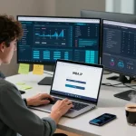 Pengguna aktif memasukkan IMBAJP LOGIN di laptop dengan dasbor data di sekitar.