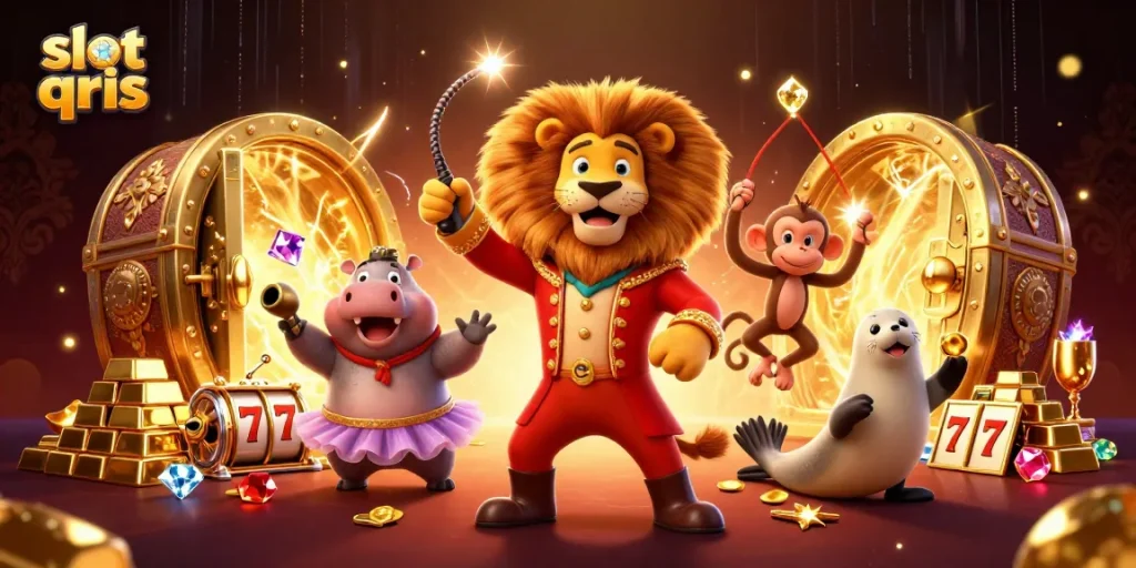 Play slot qris with vibrant circus characters amid gold and jewels in this dynamic illustration.
