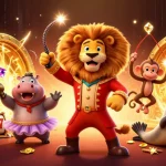 Play slot qris with vibrant circus characters amid gold and jewels in this dynamic illustration.