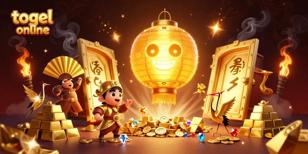 Menangkan togel online dengan berbagai simbol keberuntungan dalam ilustrasi kasino 3D yang cerah.