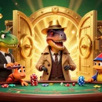 Win big with mashoki in this vibrant casino scene featuring a velociraptor card counter.
