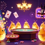 M88 glowing casino scene with bioluminescent glowworms lighting a card table and vibrant gaming elements.