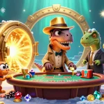 Slot gacor menampilkan velociraptor berjudi di kasino, suasana penuh harta dan petualangan.