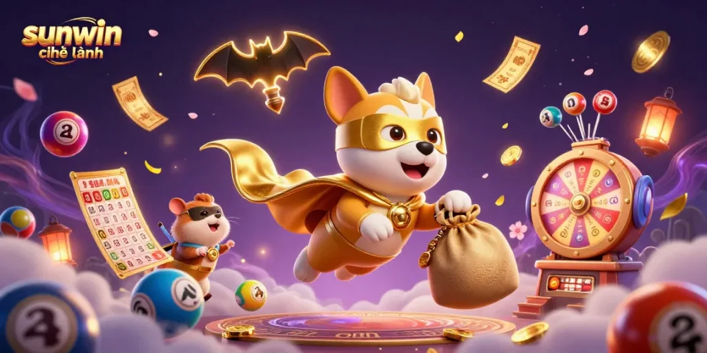 Experience the excitement of sunwin chính hãng as a superhero dog and hamster fly through a dynamic casino scene with lottery elements.