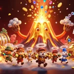 Experience VM777's golden eruption of winning treasures in this immersive casino-themed illustration.