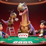 Engage with surga88 at a vibrant casino scene with a giant brontosaurus and clever raptor dealing cards.