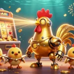 Win big with popotogel as the golden rooster robot leads a jackpot explosion in a casino-themed scene.