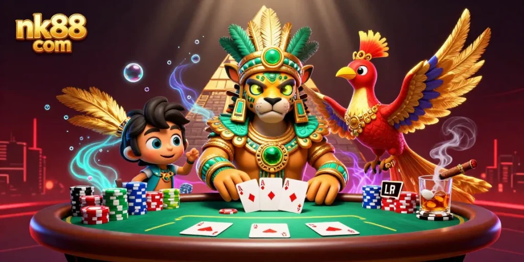 Experience thrilling gameplay at nk88 com with a vibrant 3D illustration showcasing a dynamic casino scene, featuring poker elements and Mayan motifs.