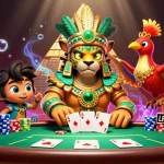 Experience thrilling gameplay at nk88 com with a vibrant 3D illustration showcasing a dynamic casino scene, featuring poker elements and Mayan motifs.