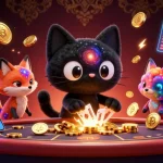 Engaging scene of aussie online casinos featuring a black hole cat and colorful nebula fox at a cosmic gaming table.