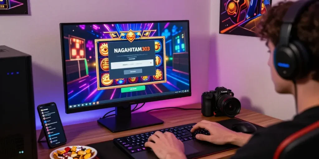 pengguna nagahitam303 login untuk bermain slot online dengan suasana ceria dan layar laptop menampilkan grafis permainan menarik